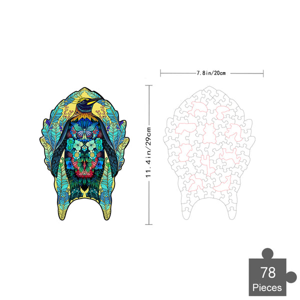 Charmante Pinguïn Houten Puzzel (A4 formaat, 29 x 20 cm) van SlimSpul nederland b.v., compleet getoond links en als lijntekening met maten rechts; 78 stukjes. Leuk te combineren met een pooldieren puzzel voor dierenliefhebbers.