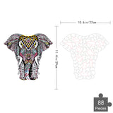 Illustratie van de Olifant 2 Houten Puzzel (A4 formaat) van SlimSpul nederland b.v.-een 88-delige figurpuzzel met uniek gevormde stukjes, kleurrijke patronen en afmetingen van 27x29 cm-perfect als beenpuzzel A4 cadeau.