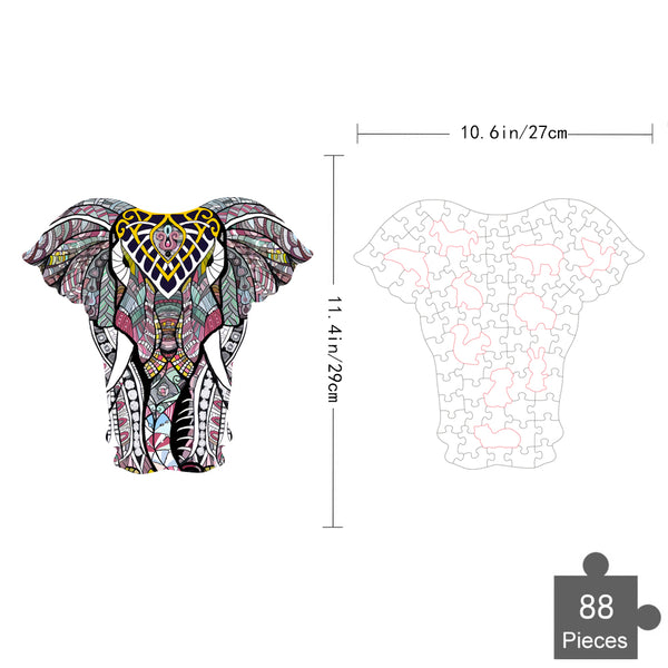Illustratie van de Olifant 2 Houten Puzzel (A4 formaat) van SlimSpul nederland b.v.-een 88-delige figurpuzzel met uniek gevormde stukjes, kleurrijke patronen en afmetingen van 27x29 cm-perfect als beenpuzzel A4 cadeau.