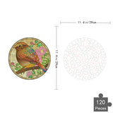 De Mus Houten Puzzel (A4+ formaat) van SlimSpul nederland b.v. is een 120-delige ronde legpuzzel met een kleurrijke vogel op een tak met roze bloemen-perfect cadeau voor vogelliefhebbers. Omtrek afgebeeld naast de voltooide puzzel.