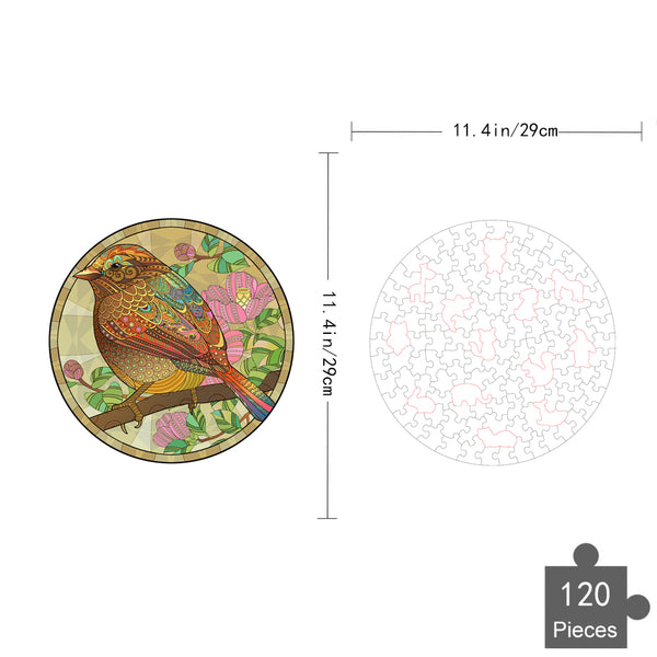 De Mus Houten Puzzel (A4+ formaat) van SlimSpul nederland b.v. is een 120-delige ronde legpuzzel met een kleurrijke vogel op een tak met roze bloemen-perfect cadeau voor vogelliefhebbers. Omtrek afgebeeld naast de voltooide puzzel.