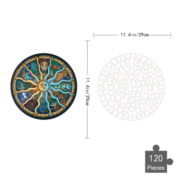 De Dierenriem Houten Puzzel (A4+ of A3) van SlimSpul nederland b.v. is een ronde dierenriempuzzel van 120 stukjes met twaalf astrologische tekens rond een zonnewijzer. De puzzel heeft een diameter van 29 cm en is inclusief legschema.