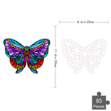 De Nachtvlinder Houten Puzzel (A4 formaat) - Mysterieus Insect Figuurpuzzel van SlimSpul nederland b.v. is een kleurrijke vlinderpuzzel met 85 stukjes, 29 x 22 cm groot; links: afgewerkte legpuzzel, rechts: schets en stukjesstructuur afgebeeld.