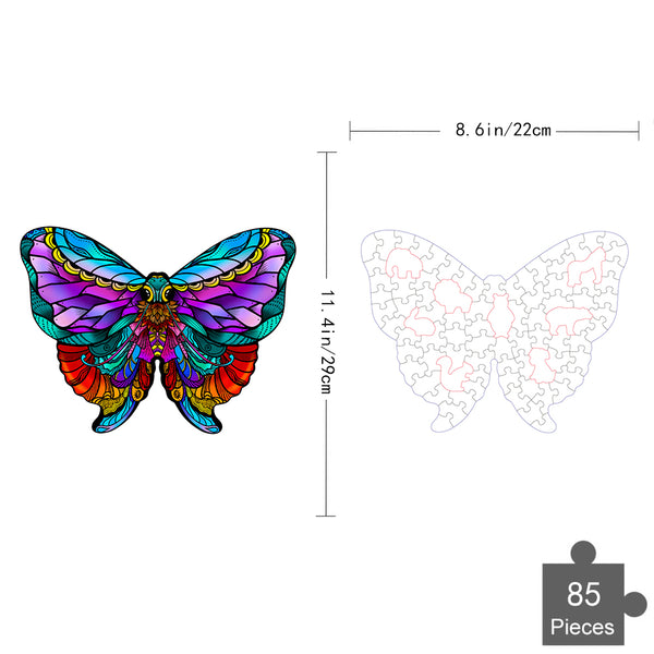 De Nachtvlinder Houten Puzzel (A4 formaat) - Mysterieus Insect Figuurpuzzel van SlimSpul nederland b.v. is een kleurrijke vlinderpuzzel met 85 stukjes, 29 x 22 cm groot; links: afgewerkte legpuzzel, rechts: schets en stukjesstructuur afgebeeld.