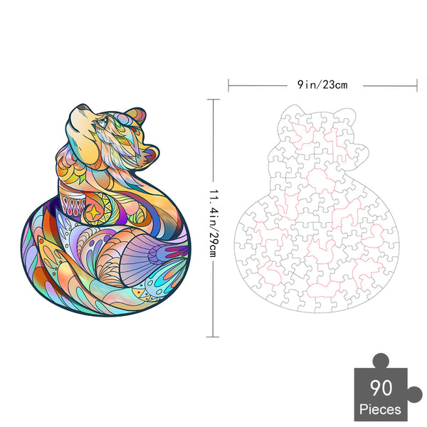 De Katbeer (Rode Panda) Houten Puzzel (A4) van SlimSpul nederland b.v. is een kleurrijke dierenpuzzel met patroon, 29 cm hoog en 23 cm breed, bestaande uit 90 stukjes, weergegeven naast zijn silhouet en puzzelicoon.