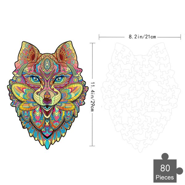 De Vos Houten Puzzel (A4 formaat) - Slim Bosdier Figuurpuzzel van SlimSpul nederland b.v. wordt getoond met 80 kleurrijke stukjes en een gedetailleerd vossenkop patroon, weergegeven naast een schets voor referentie-een opvallende beenpuzzel voor natuurliefhebbers.