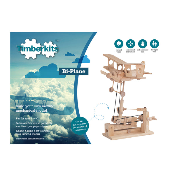 De afbeelding toont SlimSpul nederland b.v. Dubbeldekker Vliegtuig Houtconstructie - Bewegend Model (Timberkits), met de verpakking, ideaal als zelfbouwproject voor de leeftijd van 9-90 jaar.