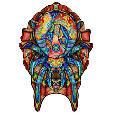 Kleurrijke, zeer gedetailleerde abstracte kever met ingewikkelde geometrische patronen-Spin Houten Puzzel (A4 formaat) van SlimSpul nederland b.v.; een intrigerende insect figuurpuzzel, perfect cadeau voor spinliefhebbers.