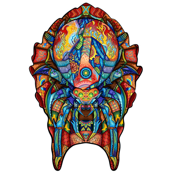 Kleurrijke, zeer gedetailleerde abstracte kever met ingewikkelde geometrische patronen-Spin Houten Puzzel (A4 formaat) van SlimSpul nederland b.v.; een intrigerende insect figuurpuzzel, perfect cadeau voor spinliefhebbers.