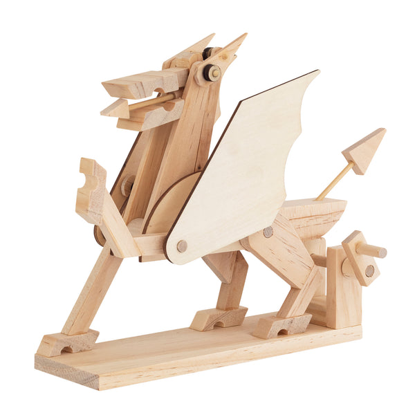 Het Draak Houtconstructie Bouwpakket - Vuurspuwend Mythisch Model van SlimSpul nederland b.v. is een houten mechanische draak met beweegbare vleugels, poten, kaak en staart - perfect voor doe-het-zelvers en gemaakt van lichtgekleurd hout.