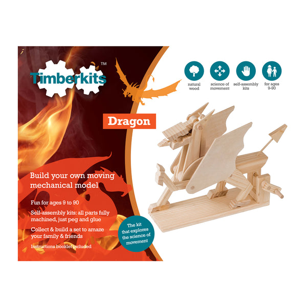 De doos van SlimSpul nederland b.v. Draak Houtconstructie Bouwpakket - Vuurspuwend Mythisch Model (Timberkits) heeft afbeeldingen van vuur en pictogrammen voor natuurlijk hout, bewegingsleer, doe-het-zelf montage en leeftijden 9-90.