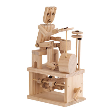 Naturel houten Timberkits Drummer met twee trommels, twee bekkens, zichtbaar nokkenmechaniek en handslinger