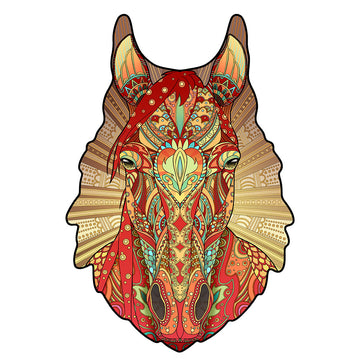 Levendige paardenhoofd illustratie met bloemen en geometrische patronen in rood, geel, groen en blauw op wit - ideaal als Paard Houten Puzzel (A4 formaat) - Elegant Dier Figuurpuzzel van SlimSpul nederland b.v., een perfect cadeau voor paardenliefhebbers.