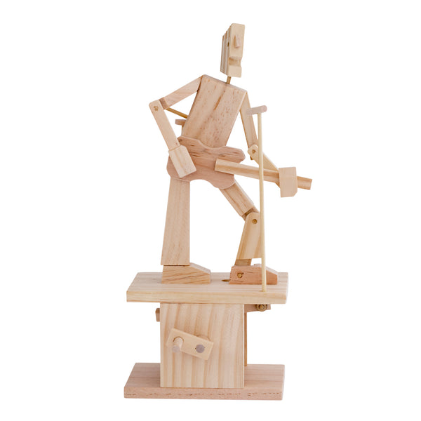 De Gitarist Houtconstructie Bouwpakket - Tokkelend Bewegend Model van SlimSpul nederland b.v. is een licht houten doe-het-zelf bouwpakket waarin een figuurtje gitaarsnaren slaat, perfect voor hobbyisten en modelbouwliefhebbers.