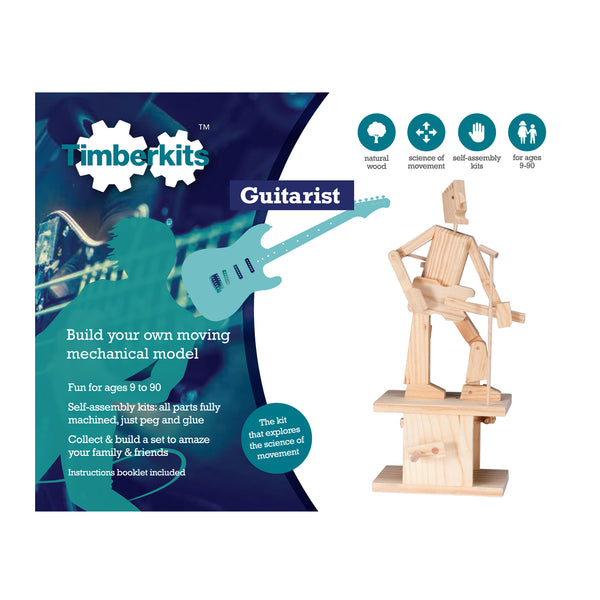 Doos voor het Gitarist Houtconstructie Bouwpakket - Tokkelend Bewegend Model (Timberkits) van SlimSpul nederland b.v., met blauwe gitaarafbeelding, productinformatie en een in elkaar gezet gitaristenfiguurtje dat op een gitaar tokkelt - ideaal als creatief doe-het-zelf project.