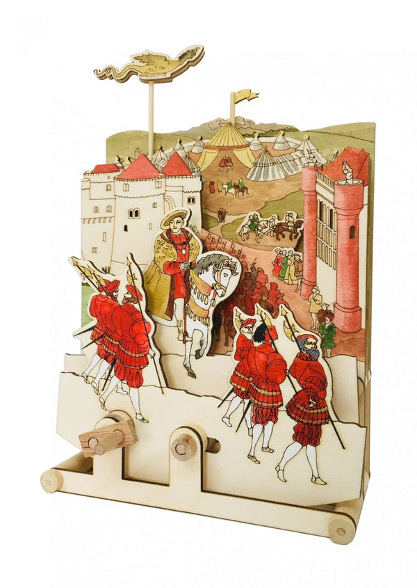 Het Tudor Toernooi Houtconstructie - Historisch Ridderspel (Timberkits Intermediair) van SlimSpul nederland b.v. is een kleurrijk houten automaat bouwpakket dat een middeleeuws toernooi uitbeeldt met ridders, soldaten, een kasteel en stedelingen.
