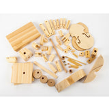 Contrabassist Houtconstructie Bouwpakket - Bewegend Muzikant Model (Timberkits) van SlimSpul nederland b.v.: houten knutselwerkjes zijn gerangschikt op een witte achtergrond, klaar om in elkaar gezet te worden tot een uniek bewegend muzikantmodel.