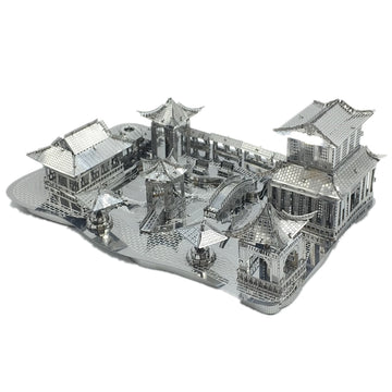 Klassieke Tuinen van Suzhou metalen miniatuur met paviljoens, boogbrug, galerijen en gegraveerde vijver