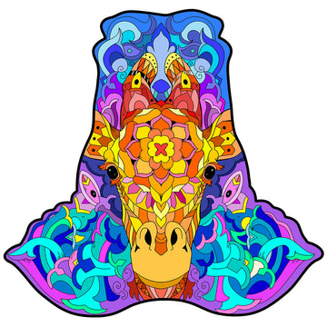 Kleurrijke, gestileerde giraffekop met ingewikkelde patronen op wit - de perfecte inspiratie voor de Giraffe Houten Puzzel (A4+ formaat), Elegant Savannedier Figuurpuzzel van SlimSpul nederland b.v.
