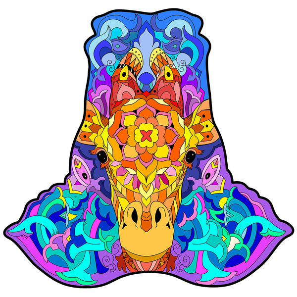 Kleurrijke, gestileerde giraffekop met ingewikkelde patronen op wit - de perfecte inspiratie voor de Giraffe Houten Puzzel (A4+ formaat), Elegant Savannedier Figuurpuzzel van SlimSpul nederland b.v.
