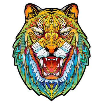 Levendige, gestileerde illustratie van een brullende tijgerkop met ingewikkelde patronen - perfect als Tijger 3 Houten Puzzel (A4 formaat), een kleurrijke figuurpuzzel van SlimSpul nederland b.v., ideaal als uniek artistiek cadeau.