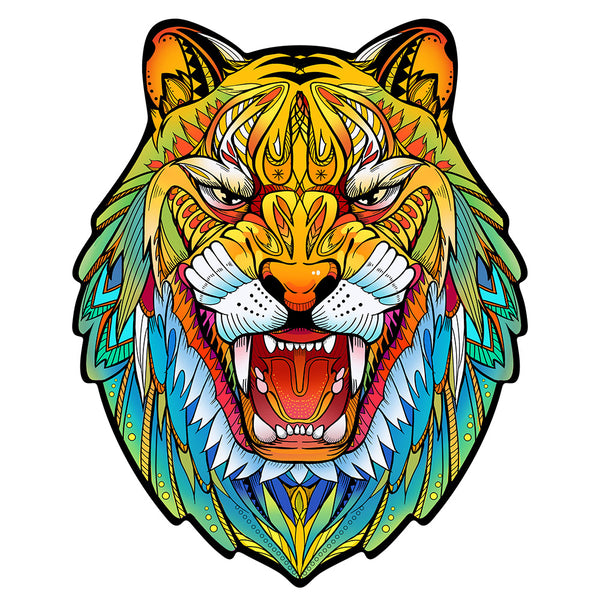 Levendige, gestileerde illustratie van een brullende tijgerkop met ingewikkelde patronen - perfect als Tijger 3 Houten Puzzel (A4 formaat), een kleurrijke figuurpuzzel van SlimSpul nederland b.v., ideaal als uniek artistiek cadeau.