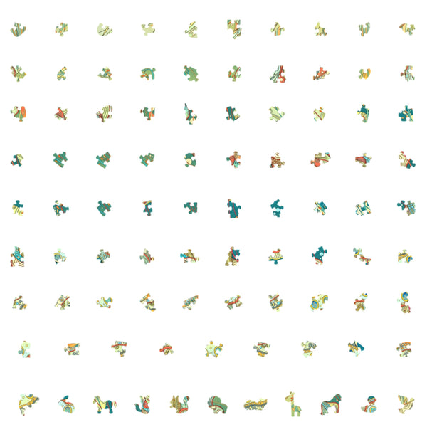 Een raster van uniek gevormde stukjes van de SlimSpul nederland b.v. Kwal Houten Puzzel (A4 formaat) - Betoverende Zeebewoner Figuurpuzzel ligt verspreid op een witte achtergrond, met elk stukje versierd met kleurrijke oceaanillustraties.