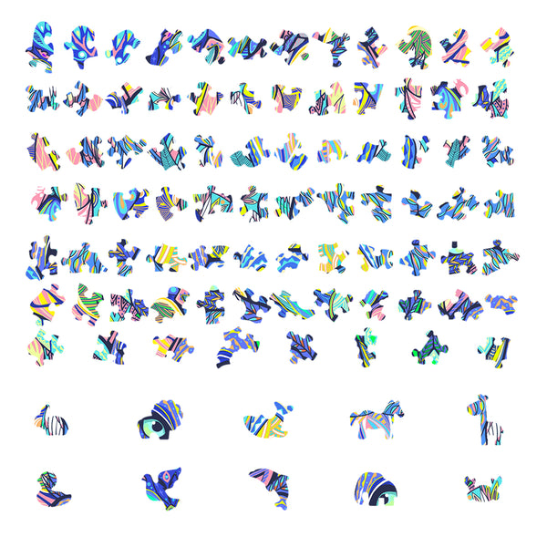De Leeuw 2 Houten Puzzel (A4 formaat) van SlimSpul nederland b.v. is een krachtige katachtige figuurpuzzel met uniek gevormde, kleurrijke dierenstukjes in blauw, geel, roze, groen en paars op een witte achtergrond.