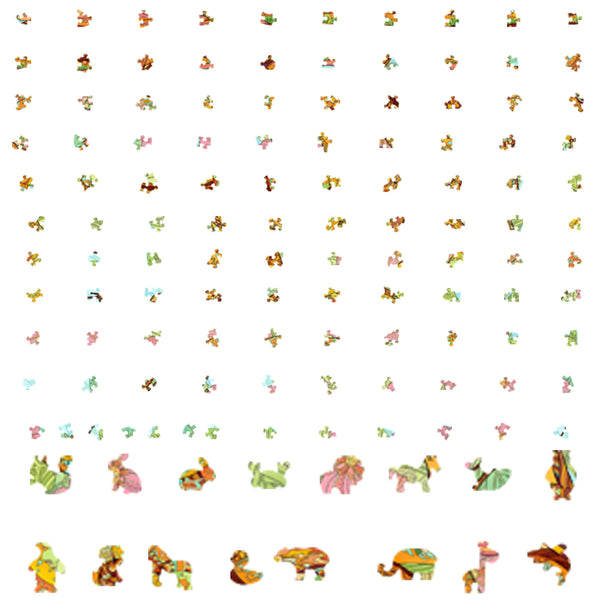 Puzzelstukjes van de Slak Houten Puzzel (A4+ formaat) - Unieke Tuinbewoner Figuurpuzzel van SlimSpul nederland b.v. vormen kleurrijke dierenvormen - leeuw, giraffe, krokodil, olifant en schildpad - op een witte achtergrond.