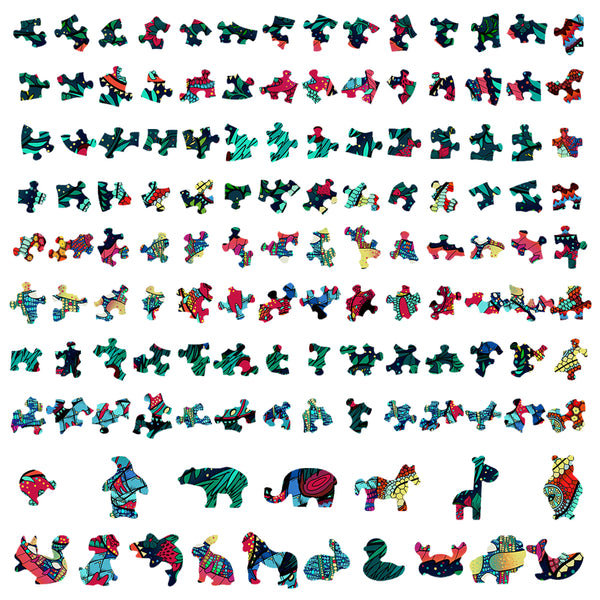 Kleurrijke puzzelstukjes van de SlimSpul nederland b.v. Kameleon Houten Puzzel (A4+ formaat) - Kleurrijk Reptiel Figuurpuzzel liggen netjes in rijen op een witte achtergrond, met levendige reptielenvormen erop.