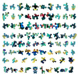 Rijen kleurrijke puzzelstukjes met abstracte patronen op een witte achtergrond - ideaal als de Pinguïn Houten Puzzel (A4 formaat) - Charmant Poolbewoner Figuurpuzzel van SlimSpul nederland b.v., perfect cadeau voor pinguïn liefhebbers.
