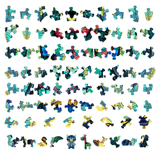 Rijen kleurrijke puzzelstukjes met abstracte patronen op een witte achtergrond - ideaal als de Pinguïn Houten Puzzel (A4 formaat) - Charmant Poolbewoner Figuurpuzzel van SlimSpul nederland b.v., perfect cadeau voor pinguïn liefhebbers.