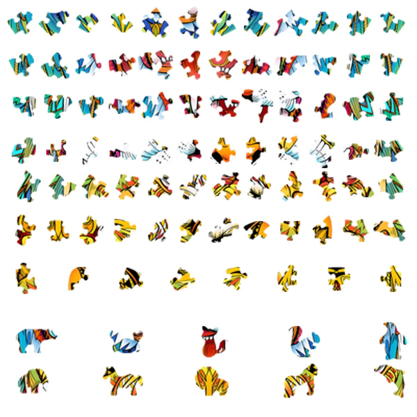 Tijger 3 Houten Puzzel (A4 formaat) van SlimSpul nederland b.v.: kleurrijke katachtige houten puzzelstukken, waaronder artistieke dieren als tijgers in een abstract design-een perfect, creatief cadeau.