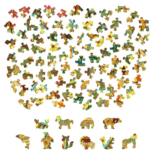 Kleurrijke puzzelstukjes in de vorm van een dier vormen een losse cirkel op wit. De Hamster Houten Puzzel (A4 formaat) - Schattig Knaagdier Figuurpuzzel van SlimSpul nederland b.v. is levendig en een perfect cadeau knaagdieren of hamster cadeau.