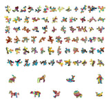 De Vos Houten Puzzel (A4 formaat) - Slim Bosdier Figuurpuzzel van SlimSpul nederland b.v. heeft levendig gekleurde houten stukjes met elk een uniek patroon, inclusief diervormige figuurtjes, op een witte achtergrond.
