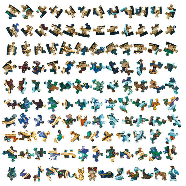 De Dierenriem Houten Puzzel (A4+ of A3) van SlimSpul nederland b.v. heeft kleurrijke dieren van de dierenriem met een ingewikkeld patroon, allemaal netjes gerangschikt in rijen tegen een witte achtergrond.