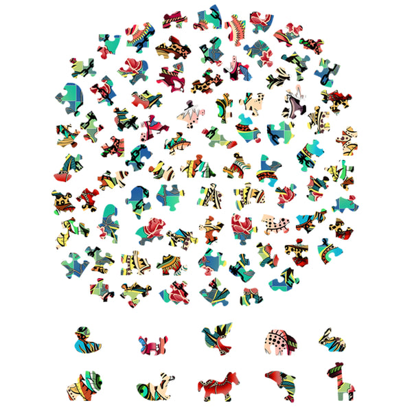 Een cirkelvormige opstelling van levendige diervormige stukjes vormt de Tijger Houten Puzzel (A4 formaat) - Krachtige Katachtige Figuurpuzzel van SlimSpul nederland b.v., met unieke dierfiguren onder deze kleurrijke legpuzzel voor elke dierenliefhebber.