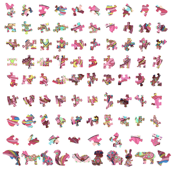 Een selectie van puzzelstukjes, waaronder de SlimSpul nederland b.v. Varken Houten Puzzel (A4 formaat) - Charmante Boerderijdier Figuurpuzzel, gerangschikt in een kleurrijk raster op een witte achtergrond.