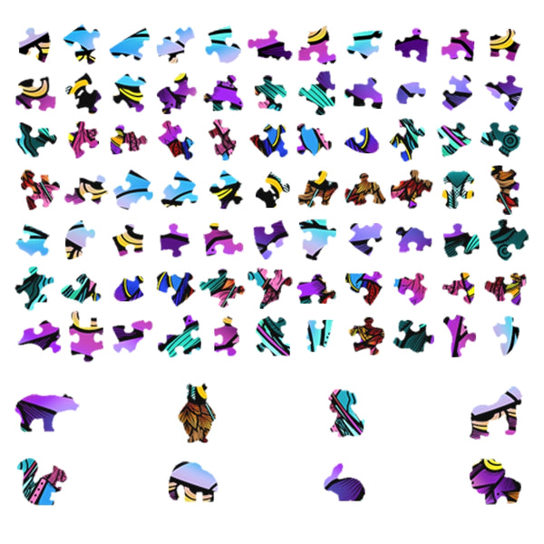 De Nachtvlinder Houten Puzzel (A4 formaat) van SlimSpul nederland b.v. is een uniek gevormde mysterieuze insecten figuurpuzzel met kleurrijke stukjes in paars, blauw, groen, roze en geel op een witte achtergrond.