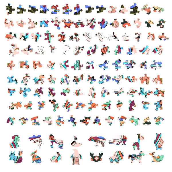 Een levendig raster van abstracte puzzelstukjes vormt de Kat Houten Puzzel (A4 formaat) - Elegante Huisdier Figuurpuzzel van SlimSpul nederland b.v.- een perfect cadeau voor kattenliefhebbers, tegen een kraakheldere witte achtergrond.