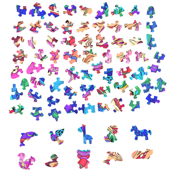 Een levendige set puzzelstukjes van SlimSpul nederland b.v. Valk Houten Puzzel (A4 formaat) - Scherpe Dakvogel Figuurpuzzel, met unieke abstracte patronen, felle kleuren en diervormige stukjes op een witte achtergrond.