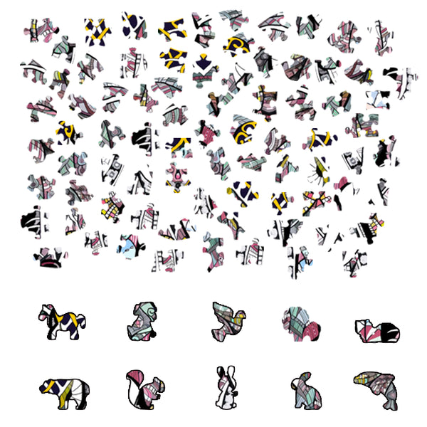 Losse puzzelstukjes liggen erboven verspreid, terwijl acht diervormige stukjes - zoals een beer, vos en kat - van de SlimSpul nederland b.v. Olifant 2 Houten Puzzel (A4 formaat) - Indrukwekkende Figuurpuzzel eronder netjes op een rij liggen.