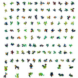 De SlimSpul nederland b.v. Kikker Houten Puzzel (A4+ formaat) - Levendig Amfibie Figuurpuzzel toont levendige groene, blauwe, gele, oranje en zwarte stukjes die in een net raster op een witte achtergrond zijn gerangschikt.