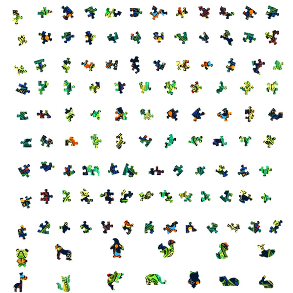 De SlimSpul nederland b.v. Kikker Houten Puzzel (A4+ formaat) - Levendig Amfibie Figuurpuzzel toont levendige groene, blauwe, gele, oranje en zwarte stukjes die in een net raster op een witte achtergrond zijn gerangschikt.