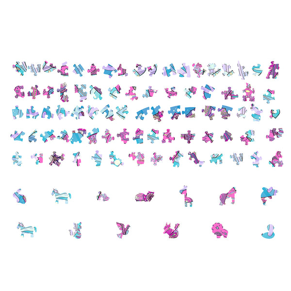 Puzzelstukjes in blauw, paars en roze zijn gerangschikt op wit, met unieke diervormige stukjes zoals paarden, vogels, leeuwen en een Zeepaardje uit de Zeepaardje Houten Puzzel (A4 formaat) van SlimSpul nederland b.v.