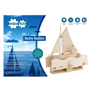Het Zilte Zeiler Houtconstructie Bouwpakket - Schommelend Schip Model (Timberkits) van SlimSpul nederland b.v. wordt afgebeeld in een doos naast de in elkaar gezette houten zeilboot met bewegende delen. Geschikt voor de leeftijden 9-90, alle houtconstructie onderdelen zijn inbegrepen.