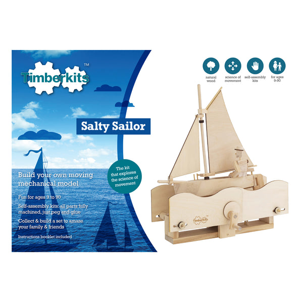 Het Zilte Zeiler Houtconstructie Bouwpakket - Schommelend Schip Model (Timberkits) van SlimSpul nederland b.v. wordt afgebeeld in een doos naast de in elkaar gezette houten zeilboot met bewegende delen. Geschikt voor de leeftijden 9-90, alle houtconstructie onderdelen zijn inbegrepen.