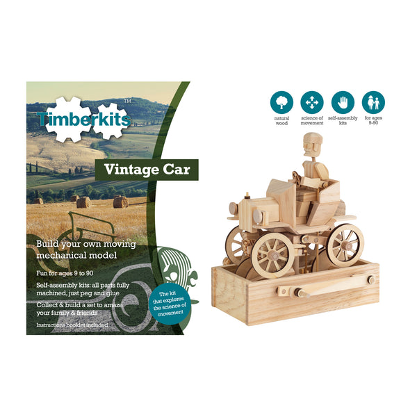 De doos van SlimSpul nederland b.v. Klassieke Auto Houtconstructie - Bewegend Oldtimer Model (Timberkits Expert) toont een houten bestuurder in een klassieke doe-het-zelf auto. Tekst vermeldt zelfbouw, leeftijden 9-90, en praktische vaardigheden; model en auto staan gemonteerd naast de doos.
